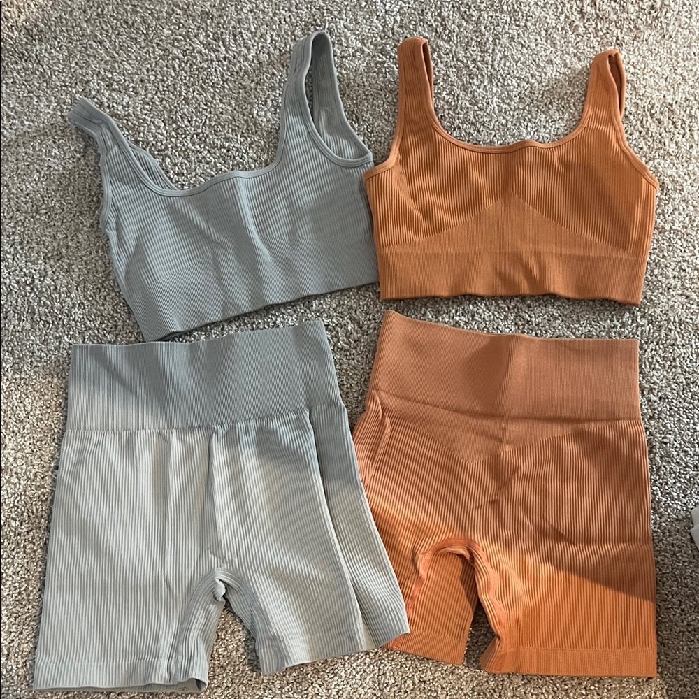Amazon Ribbed Sports Bra and Shorts Set - Gray and Orange